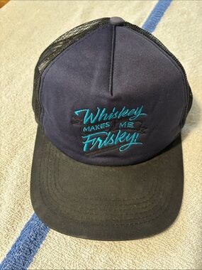 Embroidered 'Whiskey Makes Me Frisky' Navy Trucker Hat